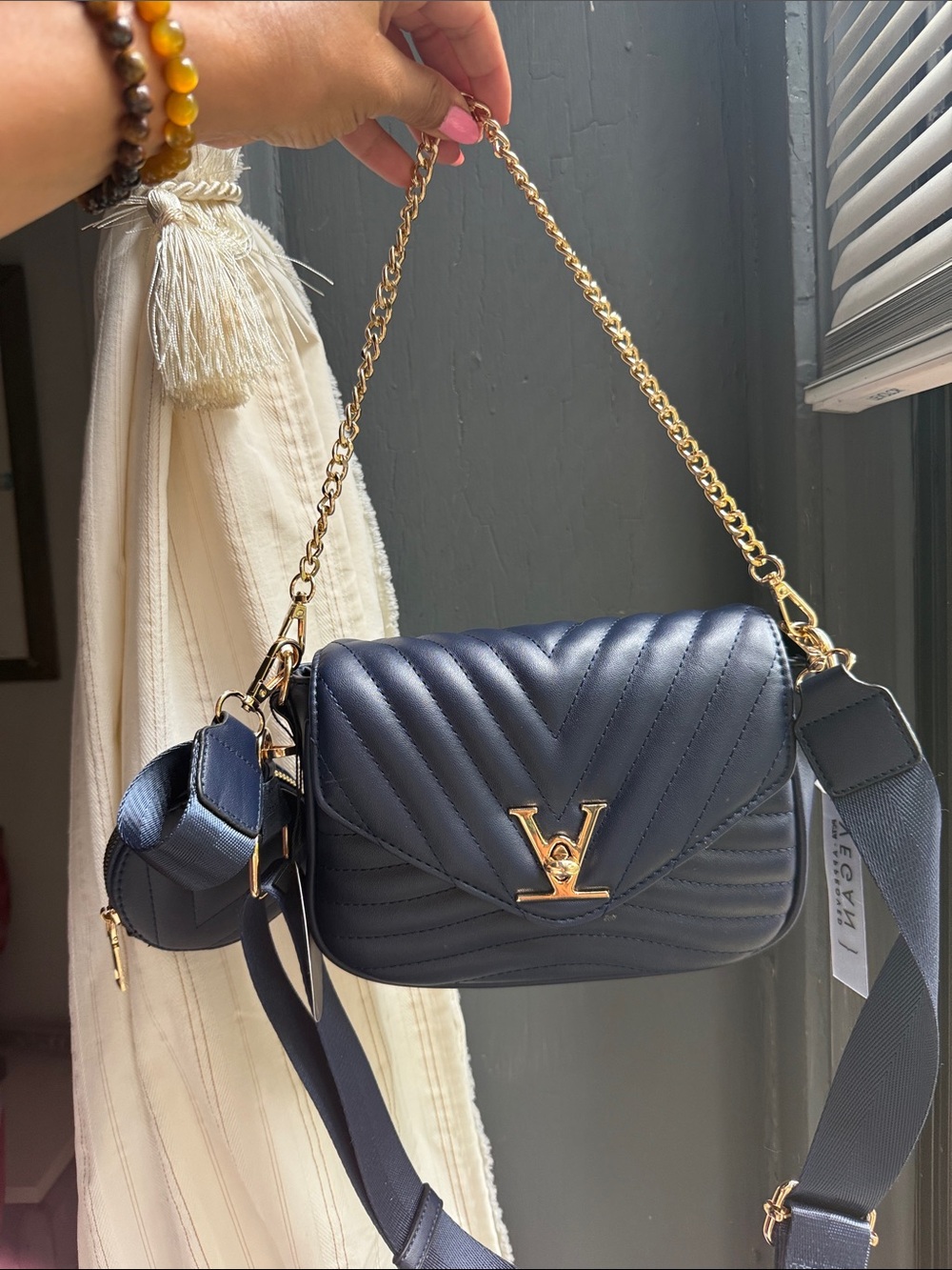 Quilted Crossbody Bag - guitar strap & chain strap included 8 by 6 by 3 - Picture 12 of 15